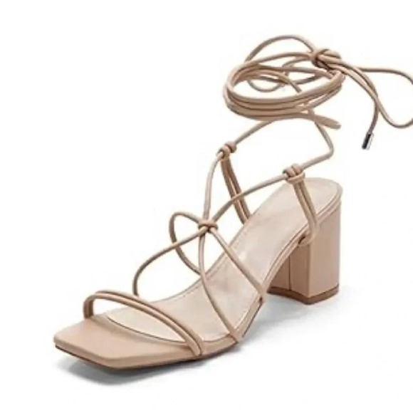 Shoes - Women's Block Heel Sandals Lace Up Square Toe Strappy Size 9 Beige